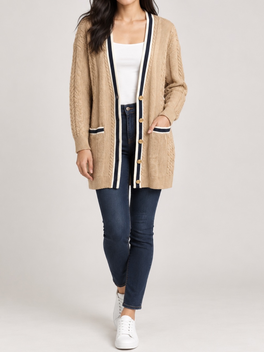 Talbots Beige Cable-Knit Long Cardigan Navy Cream Trim Size S